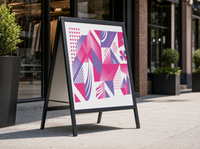 DHM Prints sidewalk A-frame with pink and purple geometric brand pattern